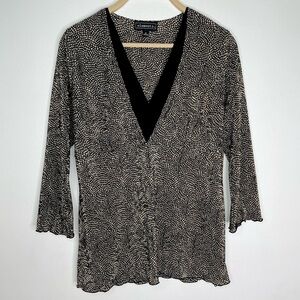 Whimsigoth Vintage Elementz Black & Tan Blouse with Lettuce Hem & Flared Sleeves